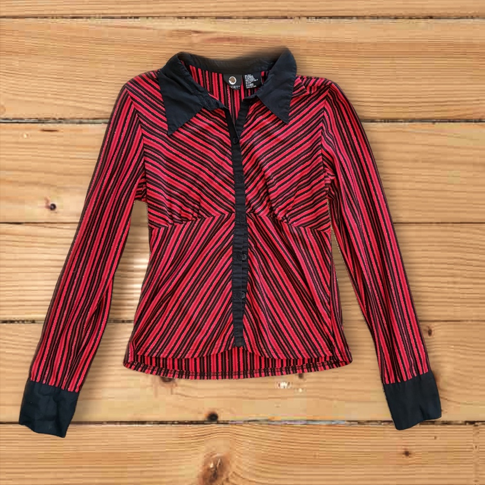 Anxiety Vintage Y2K Red & Black Glitter Stripe Button Up - XL